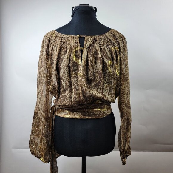 BCBG Maxazria Metallic Paisley Sheer Wrap Blouse Sz S - Picture 2 of 15